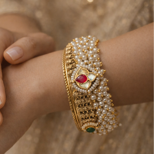 Handcrafted Kundan Pearl Kada / Bangle – Gold Polish
