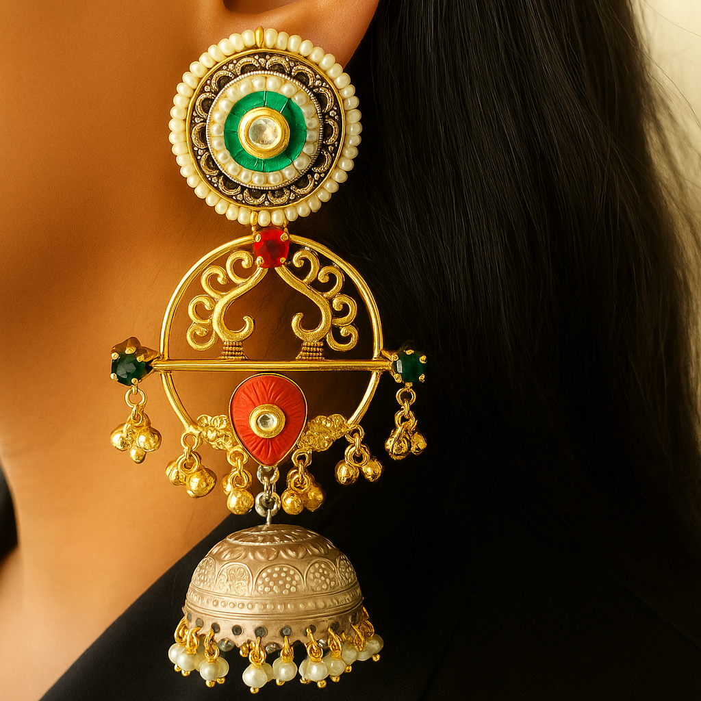 Nihira Gold Plated Dual tone earrings (Green and Orange)