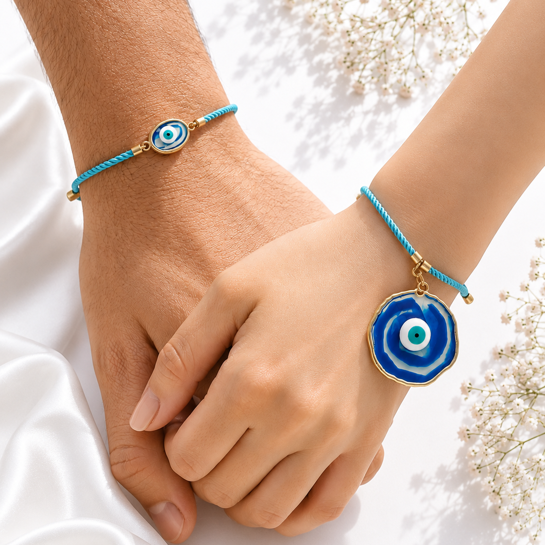 Sea Blue Evil Eye Matching Couple Rakhi For Bhai & Bhabhi
