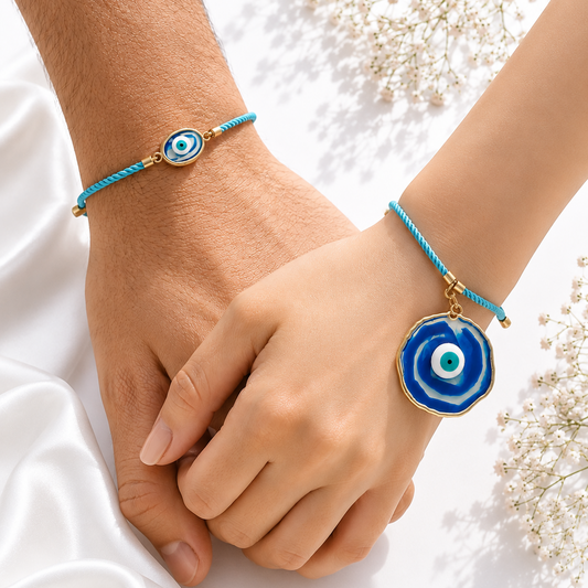 Sea Blue Evil Eye Matching Couple Rakhi For Bhai & Bhabhi