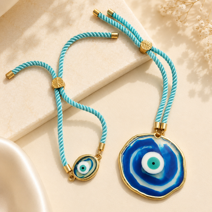 Sea Blue Evil Eye Matching Couple Rakhi For Bhai & Bhabhi