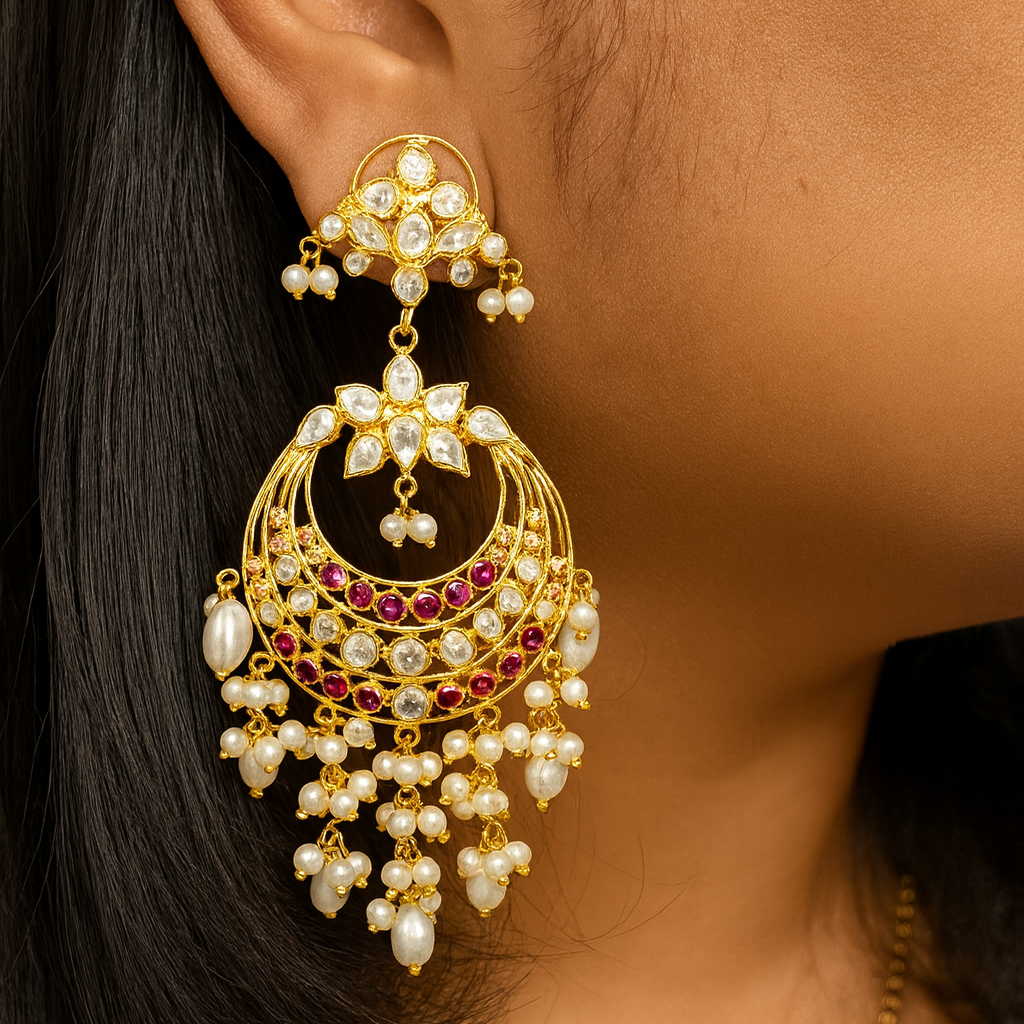 Gold-Plated Kundan & Ruby Chandbali Earrings with Pearl Drops