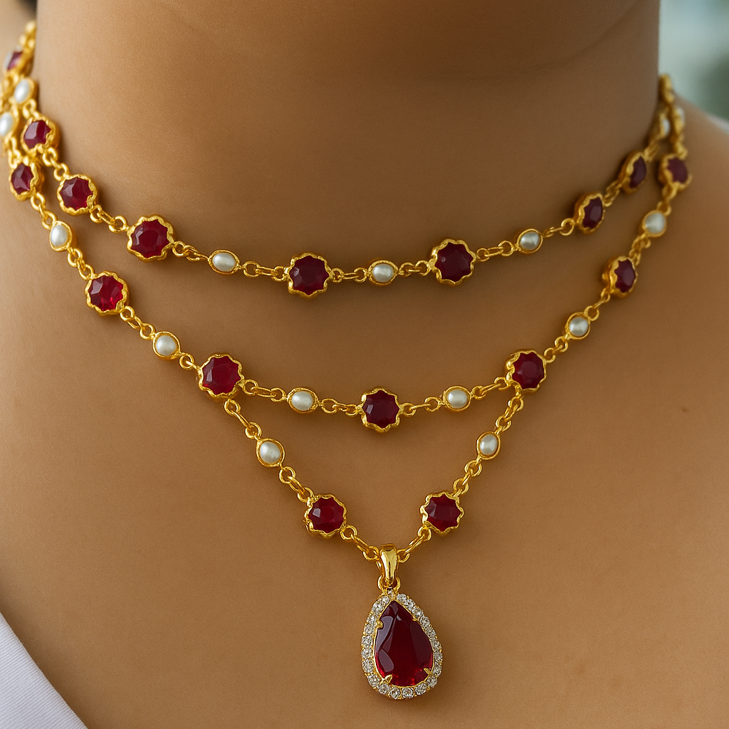 Ruby Radiance Layered Pearl Necklace Set.