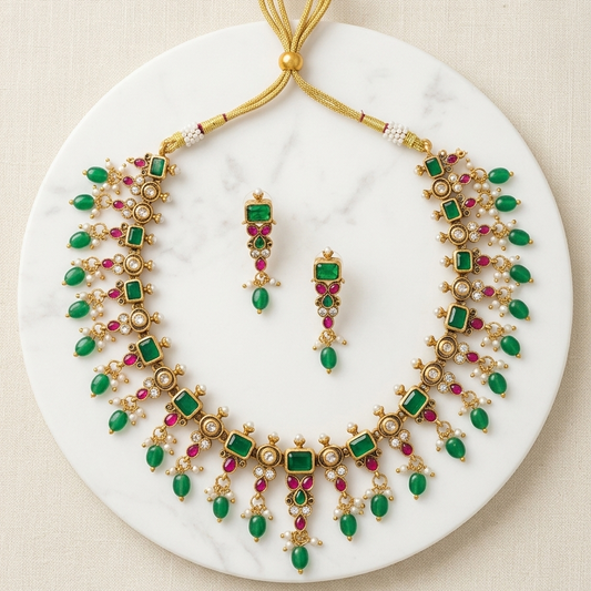 Peacock Emerald & Ruby Replica Kundan Work Set