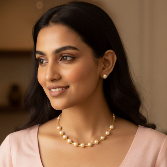 Woman wearing a pearl necklace in a warm indoor setting