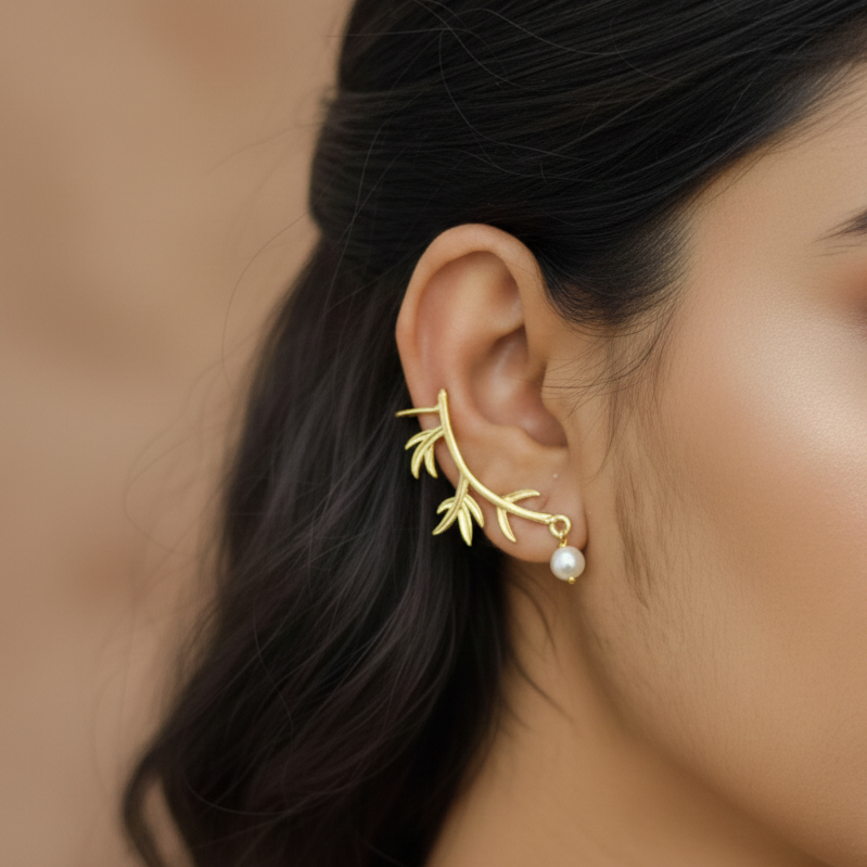 Leaf pearl earcuff earrings
