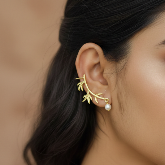 Leaf pearl earcuff earrings