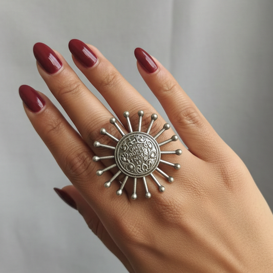 Handcrafted Oxidised Silver Coin Ring