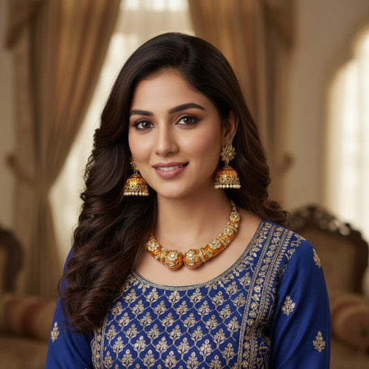 Jaipuri Meenakari Hasli Set-Gold & Amber Enamel