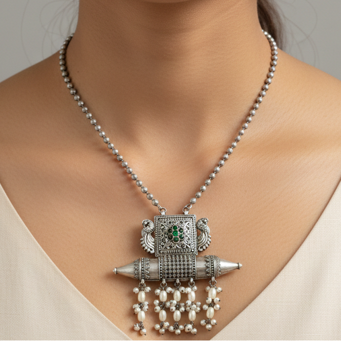 Hetakshi Silver Lookalike Oxidised Necklace set