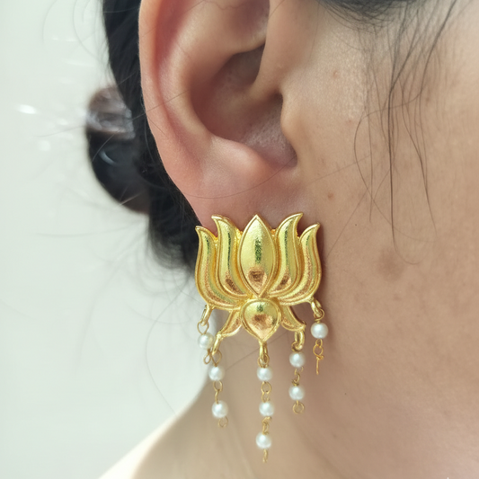 Golden Lotus Pearl Drop Earrings