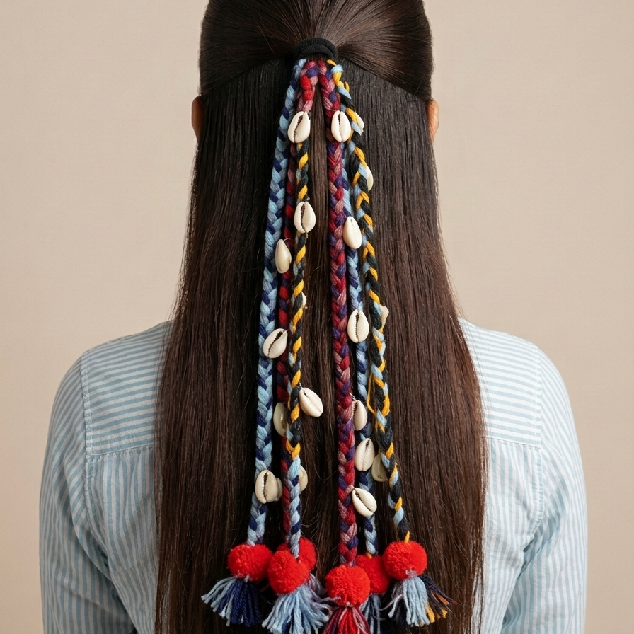 Handcrafted Tribal Cowrie Shell & Thread Hair Braid for Navratri