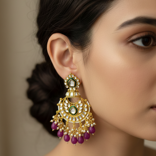 Kundan Pearl Earrings (Green & Purple)