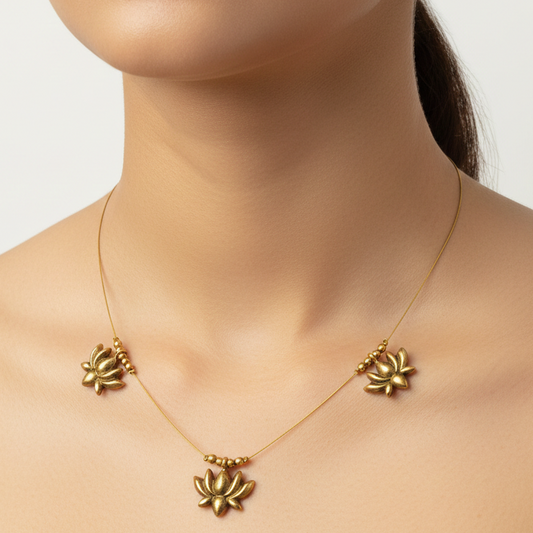 Lotus Charm Necklace & Earring Set – Minimal Gold-Toned