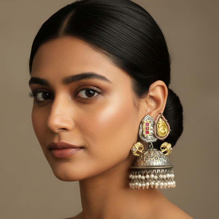 Woman wearing a red saree with gold border and large, ornate earrings against a beige background