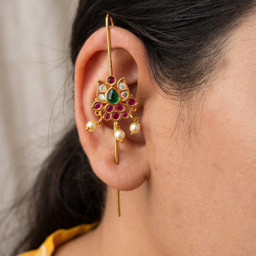 Lotus kundan pearl needle earcuff - set of 2