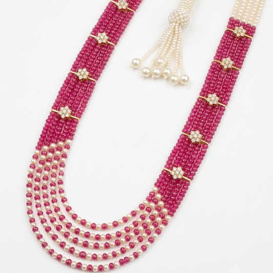 Ruby and pearl multi strand necklace with ad stones