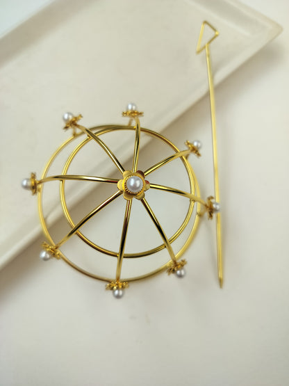 Bold Minimal Brass Hair Bun Cage with bun stick