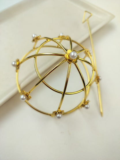 Bold Minimal Brass Hair Bun Cage with bun stick