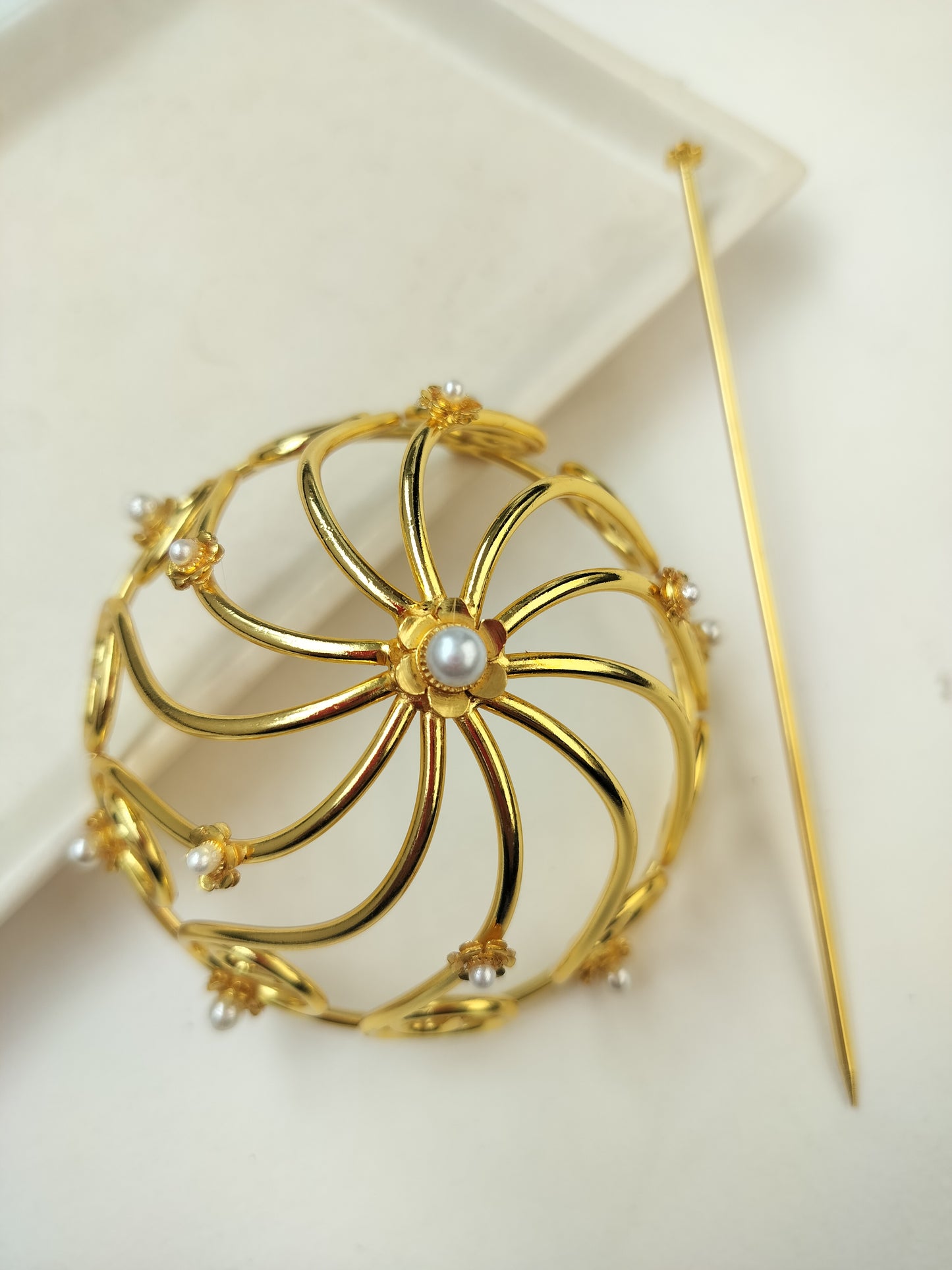 Twisted Brass Hair Bun Cage with bun stick