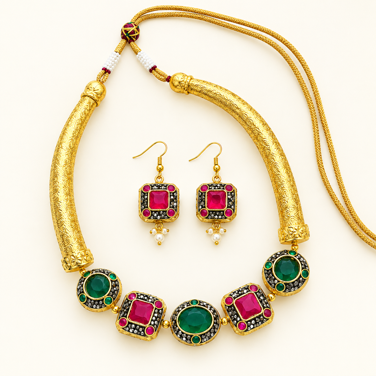 Traditional Jaipur Stone Necklace Set with Matching Earrings | Gold-Tone Ethnic Jewellery