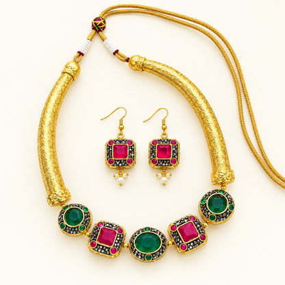 Traditional Jaipur Stone Necklace Set with Matching Earrings | Gold-Tone Ethnic Jewellery