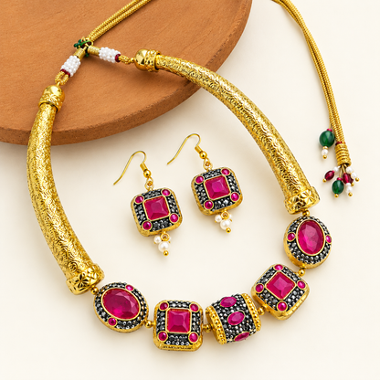 Traditional Jaipur Stone Necklace Set with Matching Earrings | Gold-Tone Ethnic Jewellery