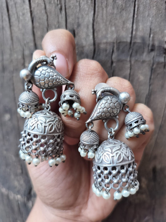 Morni Silver Lookalike Oxidised Jhumkas