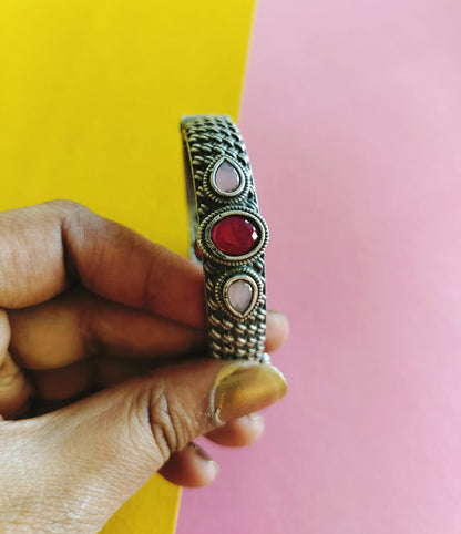 Silver lookalike Pink Stone Kada