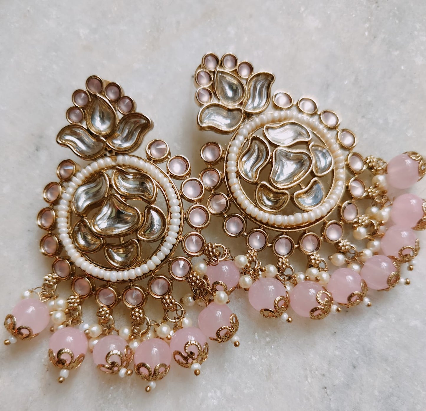 Kundan Pearl Chandbali (Light Pink)