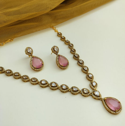 Alia Diamond Lookalike Necklace set (Light Pink)