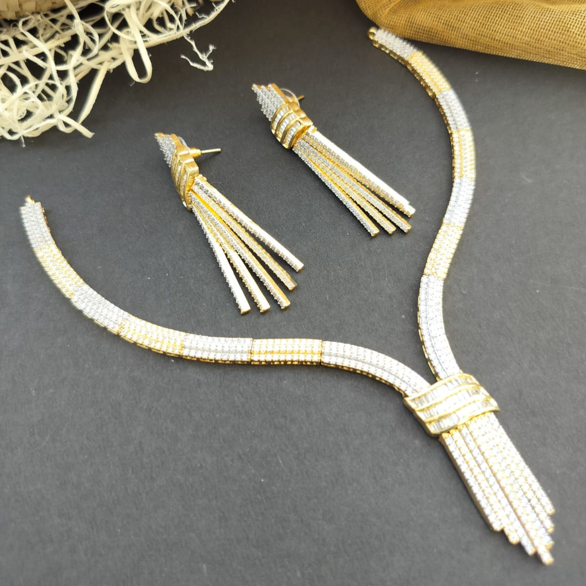 Ria Golden White American Diamond Necklace