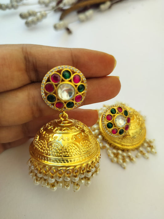 Ritu Gold plated Jhumka (Pink and green)