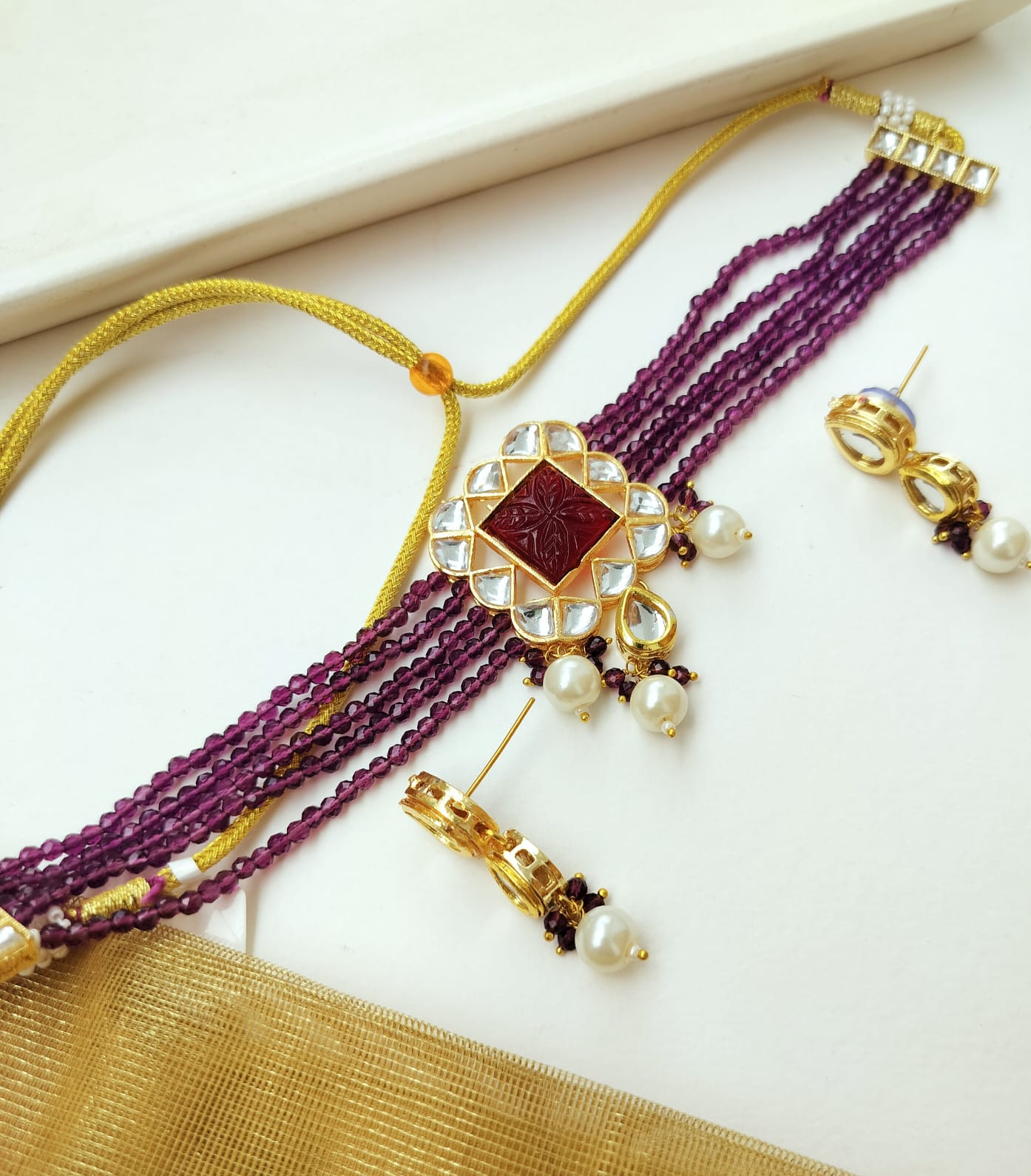 Dhruvi Kundan Beads Necklace Set (purple color)