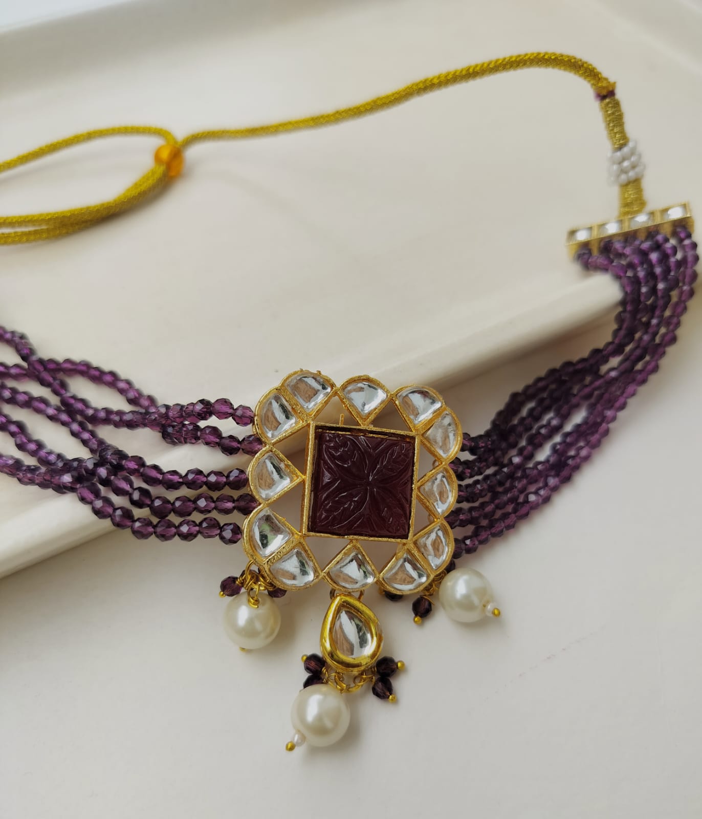 Dhruvi Kundan Beads Necklace Set (purple color)