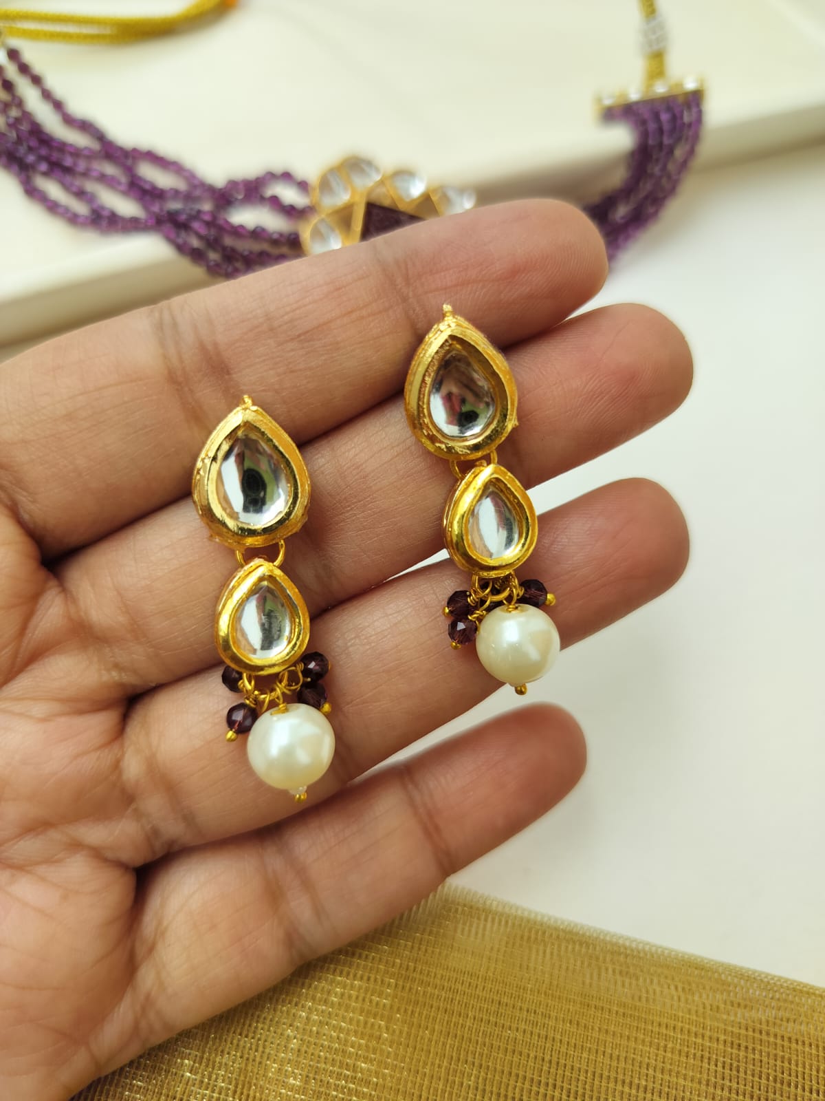 Dhruvi Kundan Beads Necklace Set (purple color)