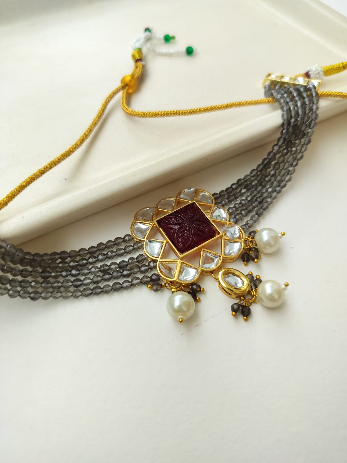 Dhruvi Kundan Beads Necklace Set (Grey color)