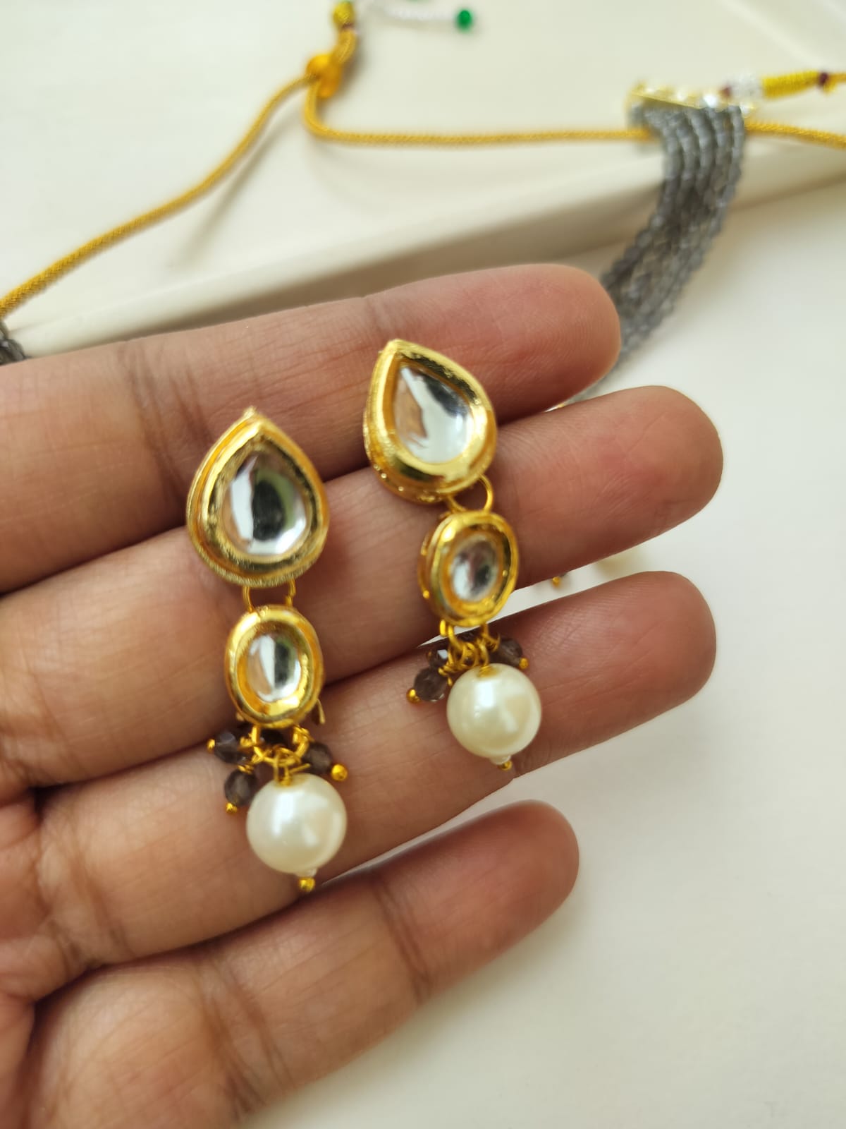 Dhruvi Kundan Beads Necklace Set (Grey color)