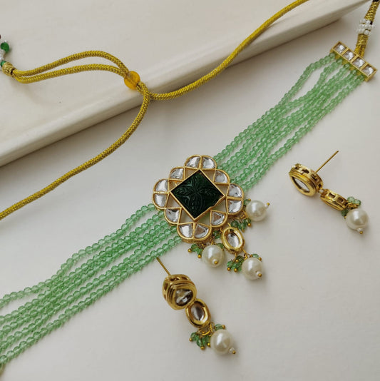 Dhruvi Kundan Beads Necklace Set (Mint Green color)