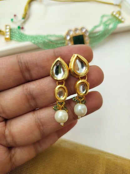 Dhruvi Kundan Beads Necklace Set (Mint Green color)