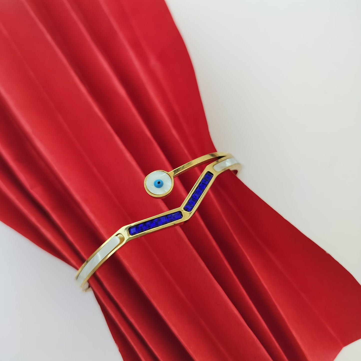 Stainless Steel Gold Plated V Shaped Evil Eye Kada