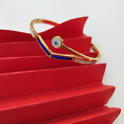 Stainless Steel Gold Plated V Shaped Evil Eye Kada