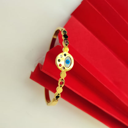 Stainless Steel Gold Plated Multi Colour Cubic Zircon Evil Eye Kada