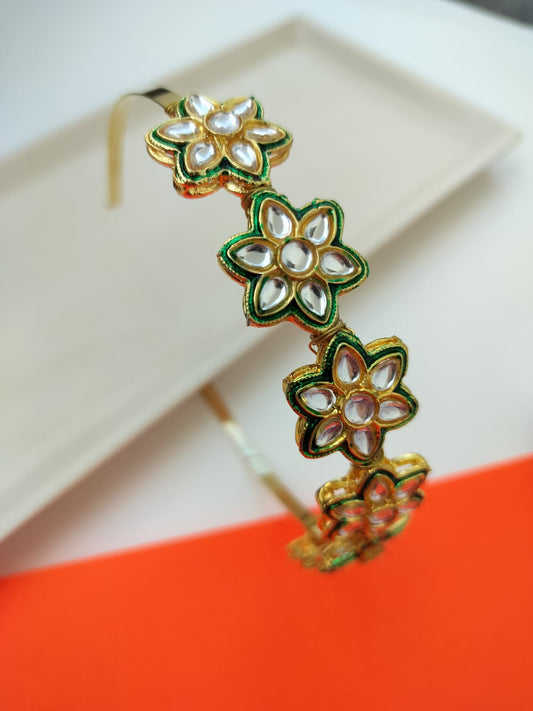 Parineeti Style Floral Kundan Studded Hairband (Golden & Green)