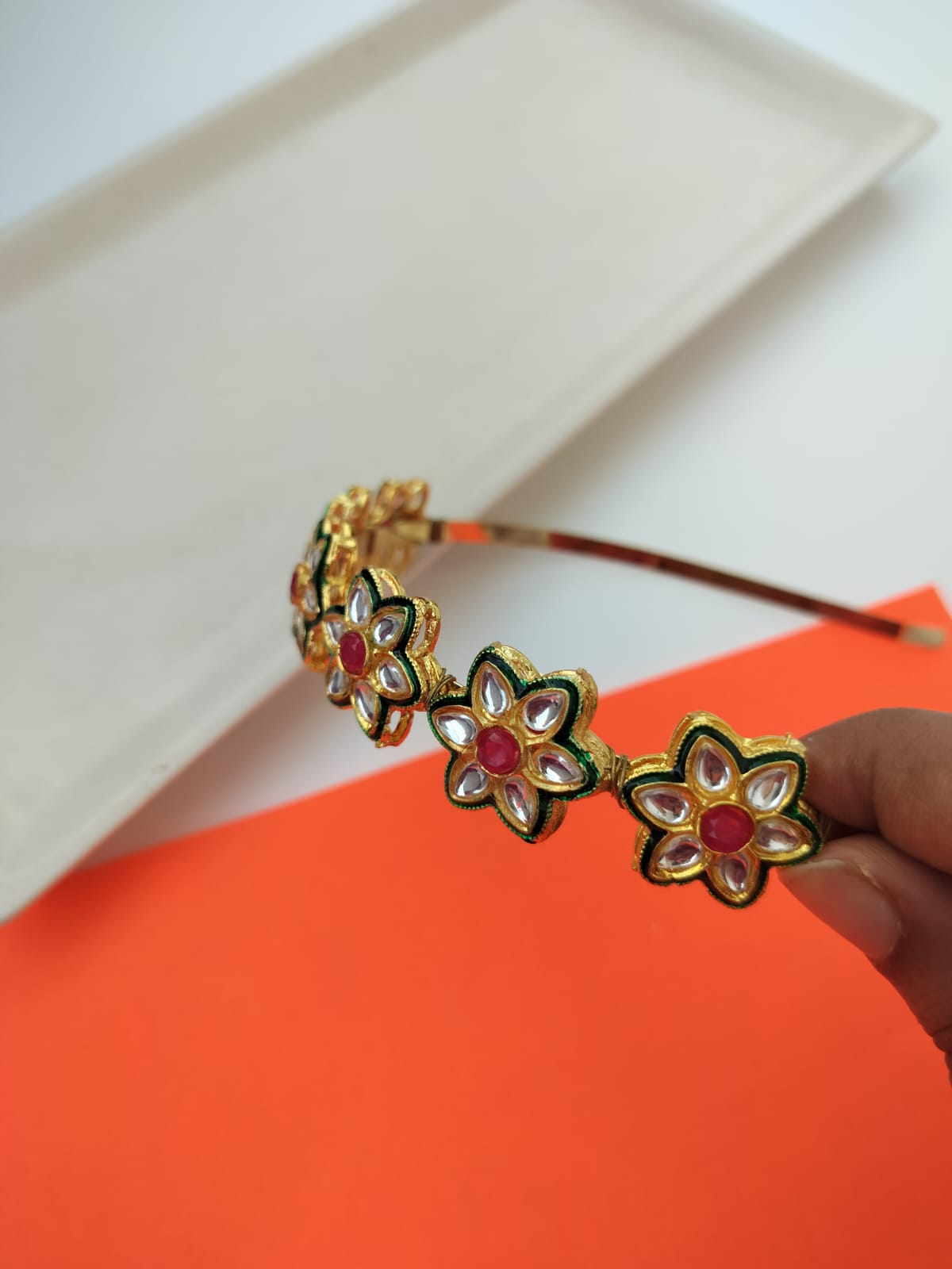 Parineeti Style Floral Kundan Studded Hairband (Pink& Green)