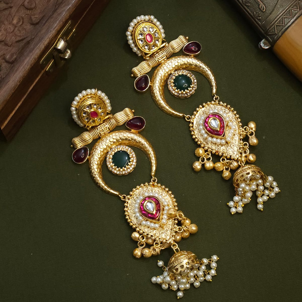 Rivaah Handcrafted gold plated earrings (purple and green)