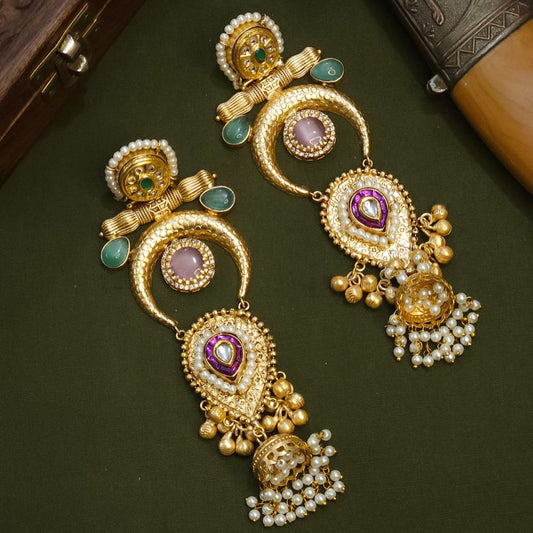 Rivaah handcrafted gold plated earrings (purple and mint green)