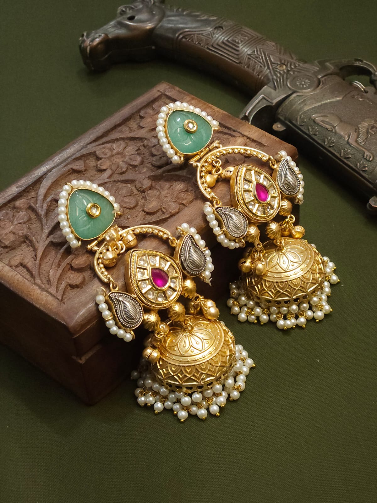 Adrija mint green and pink dual tone jhumkas
