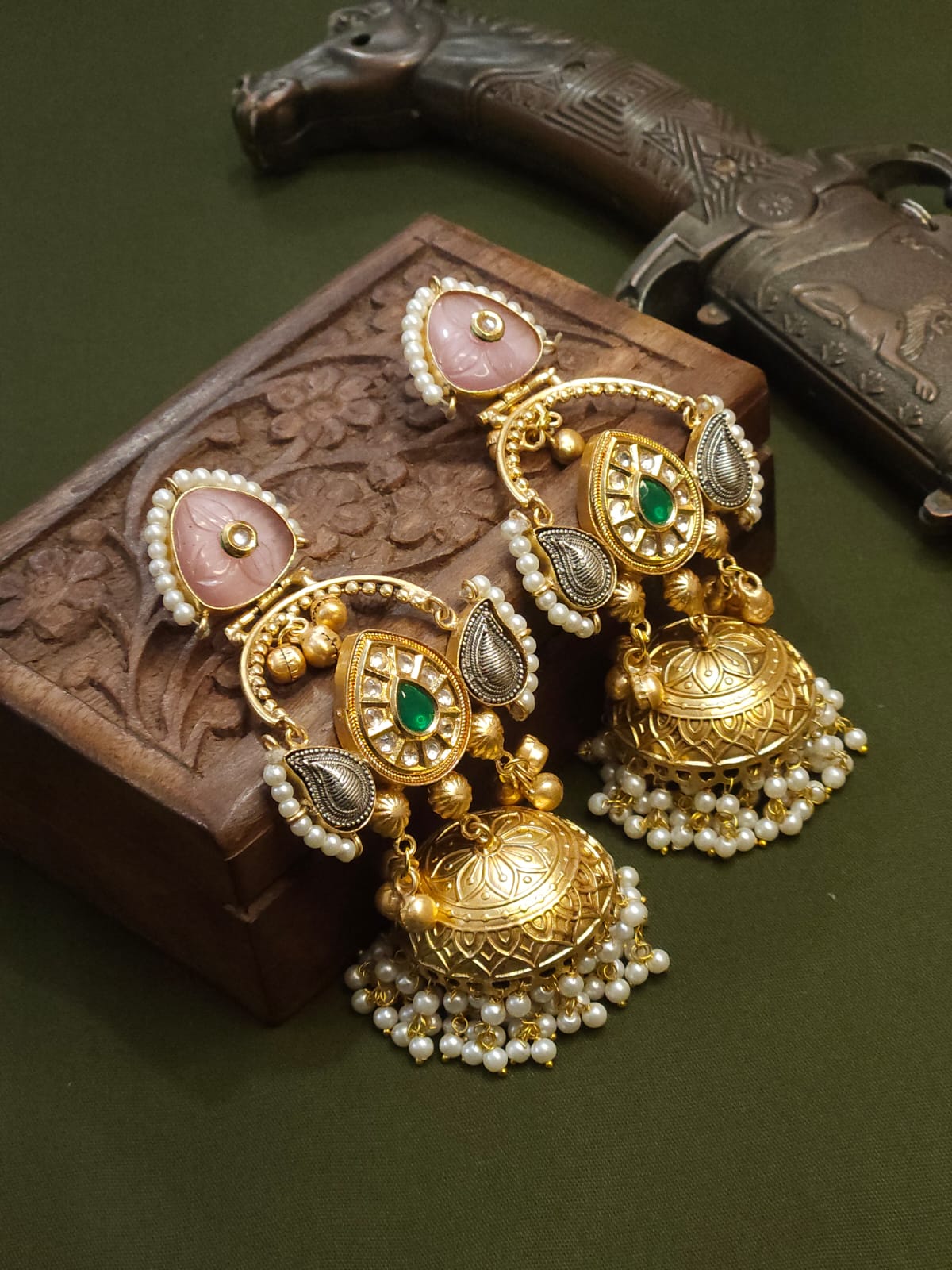 Adrija Light pink and green dual tone Jhumkas