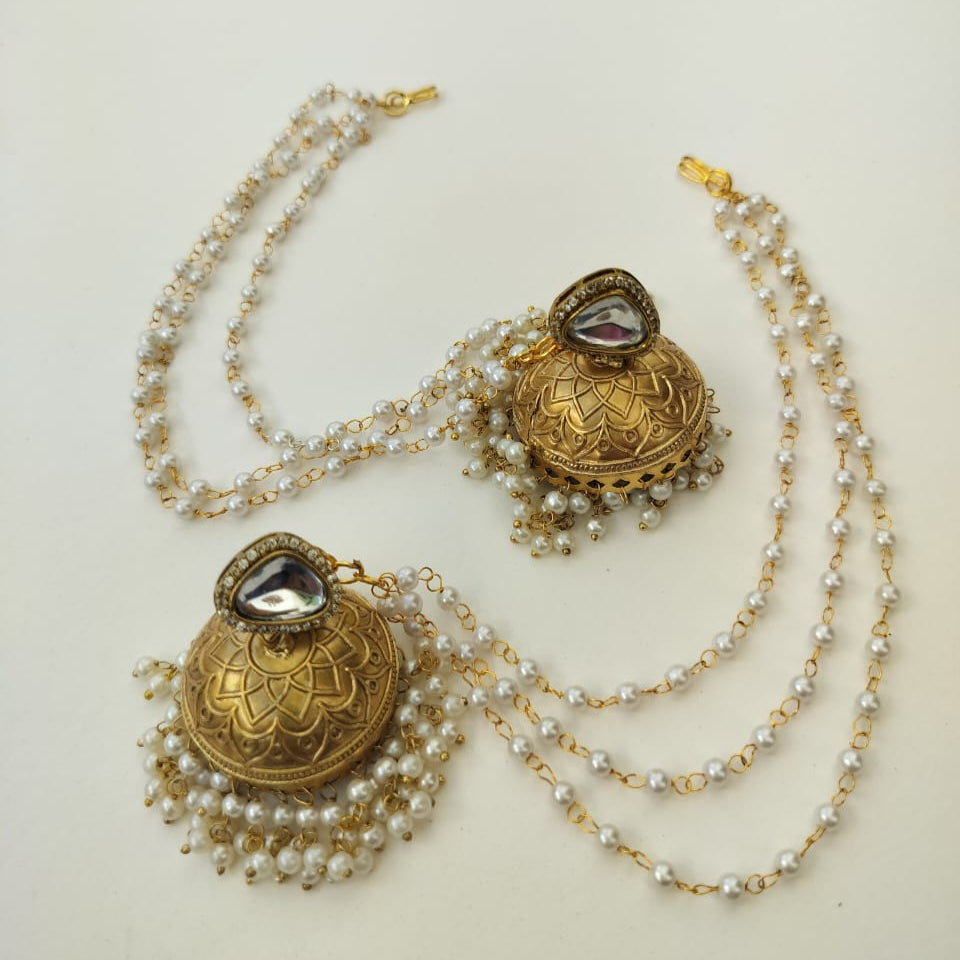 Golden Jhumka with Pearl Ear chain